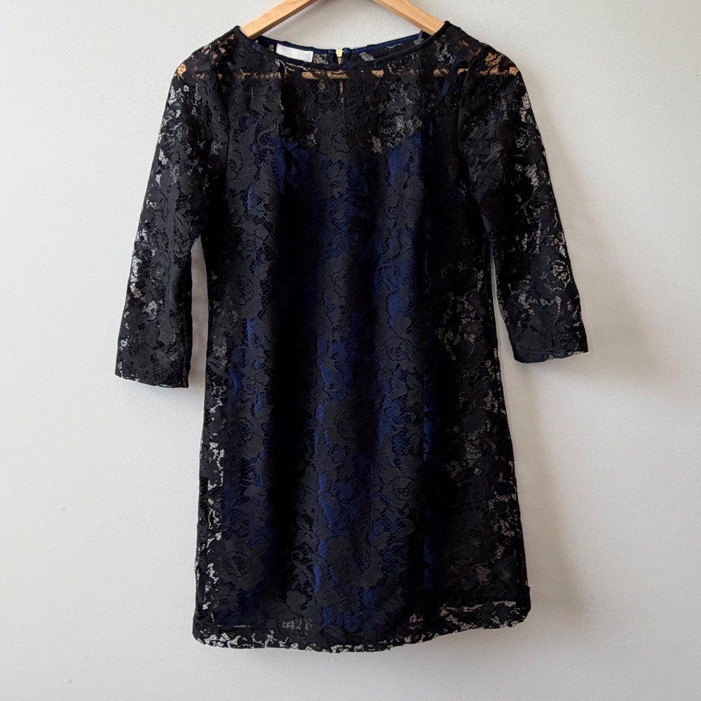 Donna Morgan Black Lace Royal Blue Lining Sheath Dress 2P 3/4 Sleeve Gold Zipper